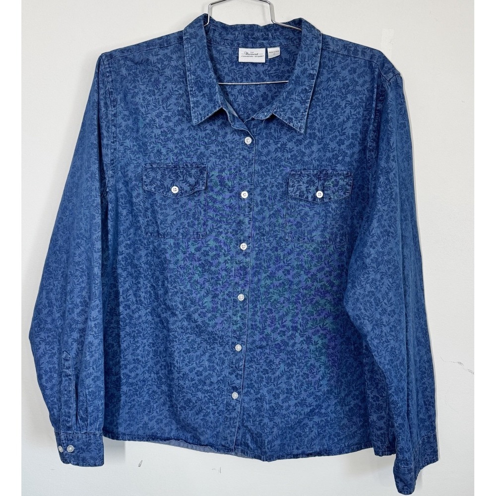 Vermont Country Store Floral Chambray Long Sleeve Button Up Shirt 1X Cottagecore